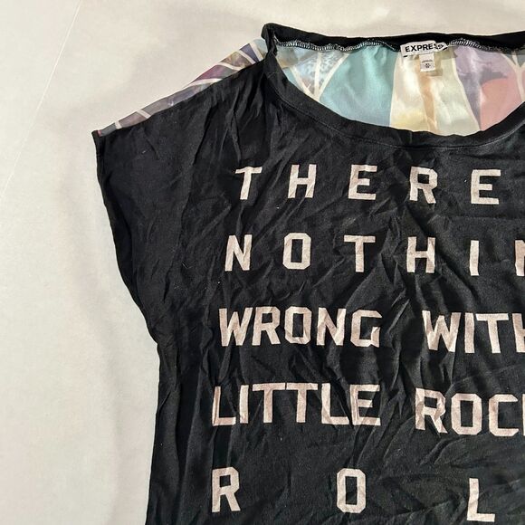 Express Tops - Y2K Express, Rock n Roll quote, sheer back, mosaic shirt, XS, grunge, glam rock